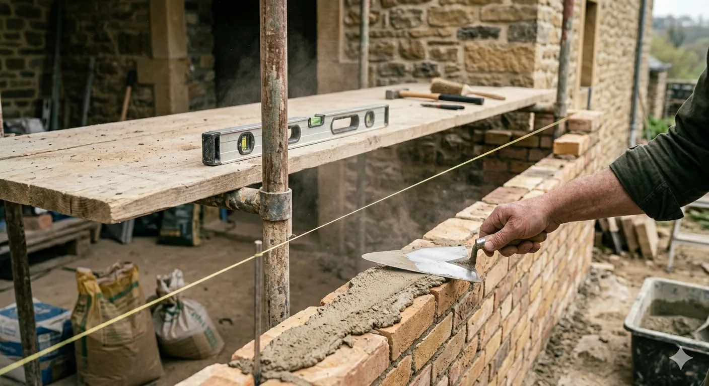 Maçonnerie : pose de briques sur un chantier de rénovation