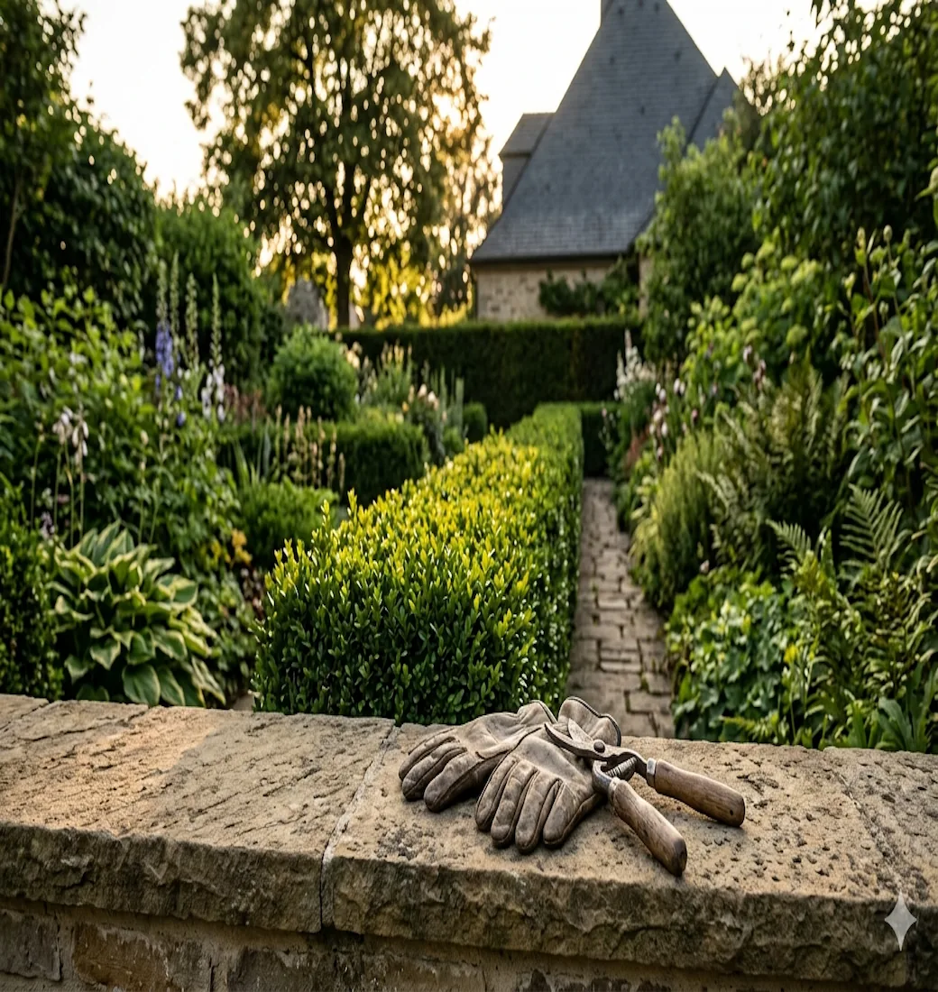 Jardin luxembourgeois entretenu avec haie et allée en pierre